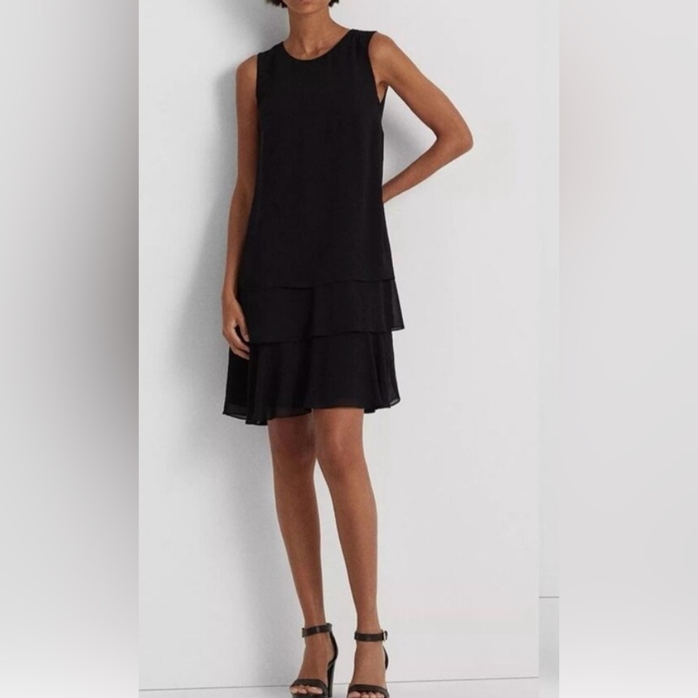 Serene Women Black Tiered Dress M(8-10) Cocktail Cowl Chiffon Ocassion HOCO Chic